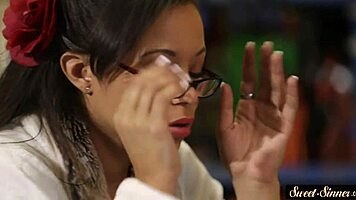 Ebony teen sucks cock intensely before getting banged hard in multiple positions.