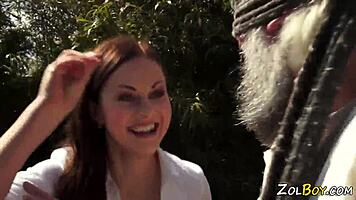 Young Babe Gives Blowjob And Handjob To Old Man, Gets Cumshot!