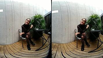 Wow! Young 18+ Girl Smokes Topless in Leather Skirt at Vrpussyvision!