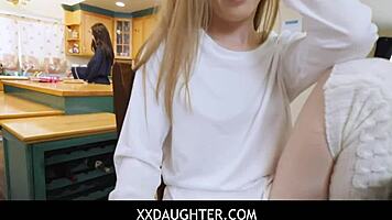 Risky pussy flash under table for stepdaughter 😏