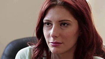 Real amateur red head babe masturbates with her fingers and in an office