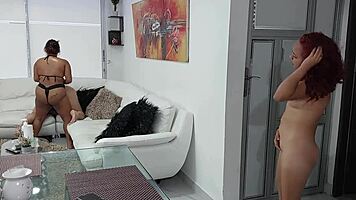 bony gets horny watching stepsisters fuck in living room with strapon dildo