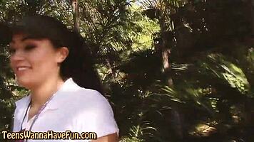 Detailed closeup of real teen pussy at outdoor party.