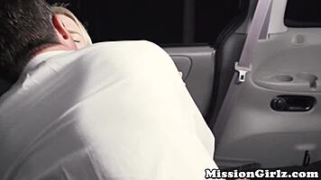 All natural teen enjoys a backseat ride with a friend