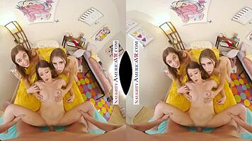 naughty america's college co-eds charly summer, kourtney rae, and penelope kay team up for lesbian blowjob and deepthroat fun with a hunk