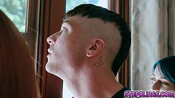 lucky guy peeps on stepsisters and gets threesome blowjob