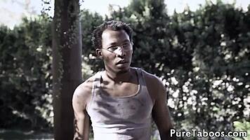 Young beauty casually sucks gardener's black dong outdoors