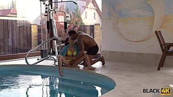 Oh, what a shock! Muscular black man gets lured into licking slim hottie's small tits