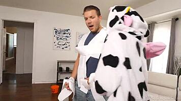 Horny babes give a halloween blowjob treat