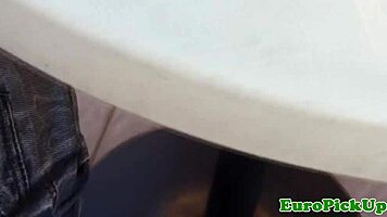 Shy European pickup babe flashes her panties in an upskirt view for neighbors in reality POV