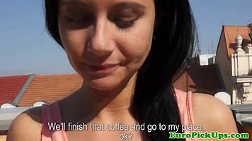 Shy European pickup babe flashes her panties in an upskirt view for neighbors in reality POV