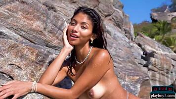 tiny mexican teen hottie carolina reyes feels exposed getting fully naked on the beach