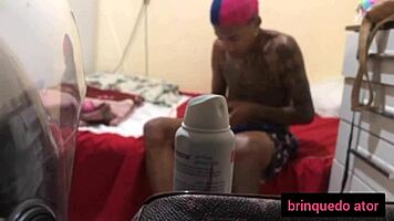 Old guy bathes with hot skinny brunette teen while husband works