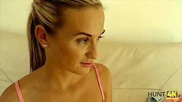 Blonde dollface offers her mouth for cash in a daring deal.