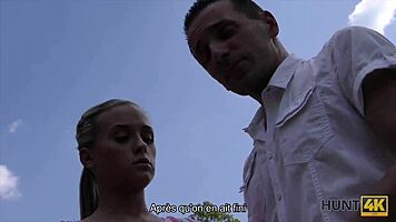 Blonde dollface offers her mouth for cash in a daring deal.