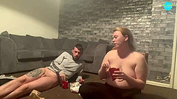 Topless Girl and Bottomless Boy Enjoy Take-Away Meal Together