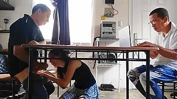 Cuckold calculates while wife drains contractor under table