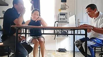 Cuckold calculates while wife drains contractor under table
