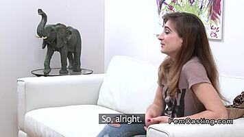 Petite lesbian uses toys on female agent during work interview.