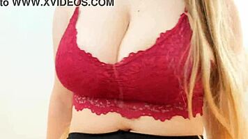 Crimson top shows off my big breasts, so wild.