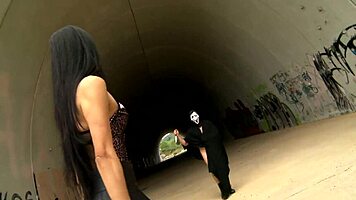 outdoor fuck with masked lover, sucking and creampie cumshot