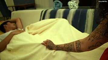 watch this big booty milf sneakily pleasure a sleeping young 18+ guy with a full mouth of cum