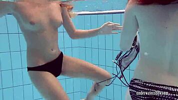 Bushy and round ass girls strip and swim in pool, beach, and outdoor areas