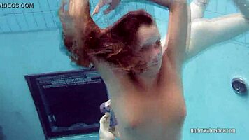 Bushy and round ass girls strip and swim in pool, beach, and outdoor areas