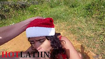 Colombian chubby girl deepthroats and swallows cum in public outdoor setting.