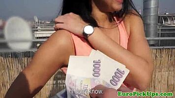 Picked up European brunette flashes tight pussy and round ass outdoors