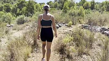 Young milf got horny hiking, ending with a mouth full of cum after a wild blowjob.