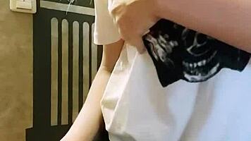 Girl spanks her ass in leggings while fingering pussy, husband at work.