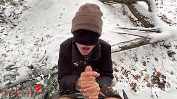 Asian Babe Luna Sucks BWC in Snowy Public Park, Nearly Caught in Action