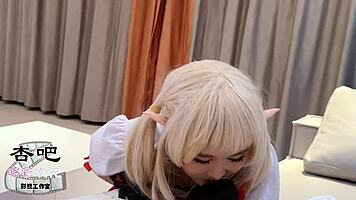 In this cosplay scene, a cute asian beauty with a wet pussy waits for the traveler to train her in missionary and blowjob.