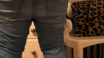 Chubby Young Woman Dresses in Panties and Jeans in Bedroom