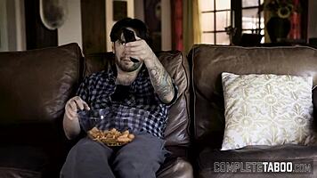 I cum in teen's mouth during taboo threeway with blowjob and masturbation