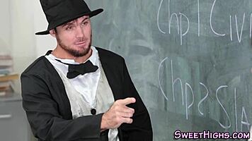 teen brunette takes hard ass cumshot in classroom