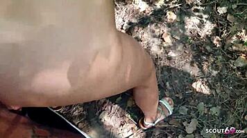 Caught the mature couple fucking in the park, german student joins for threesome?