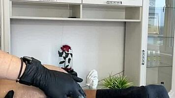 hey, during depilation training with sugarnadya, client cums on young apprentice!