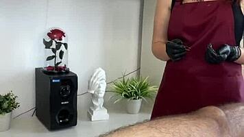 hey, during depilation training with sugarnadya, client cums on young apprentice!