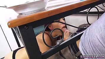 Yo, watch this petite blonde teen strip and suck her stepbro's banana hard!