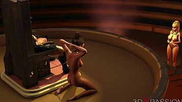 a sexy young 18+ blonde gets slammed hard by a fire demon in a wild dungeon scene.