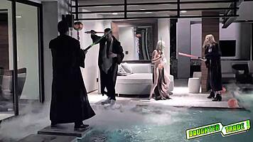 dark side teens climb on bed and ride light sabers