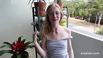 How does this cute petite 18+ blonde enjoy solo play on her deck?