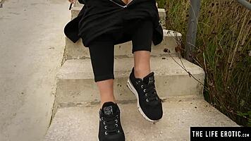 Cute teen masturbates in public place.