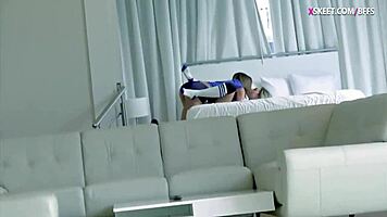 Petite blonde teen 18+ in group activity with ball boy.