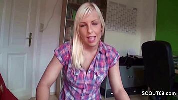 German stepsister helps brother with a quick handjob in roleplay.
