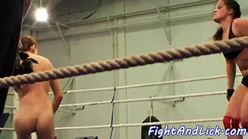 Busty European babes wrestle naked in the ring for dominance