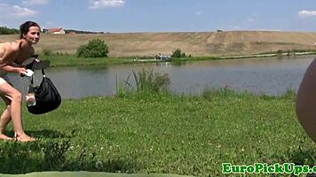 European amateur teen strips naked in public for cash payment