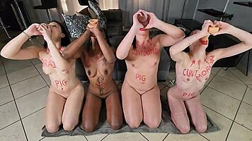 Desi Girl and Three Others Do Nude Exercises with Dildo Deepthroat and Body Writing